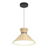 A modern pendant light with a wide, conical, light wood shade, suspended by a black cord from a round, black ceiling mount. The light is on, illuminating the bottom of the shade.