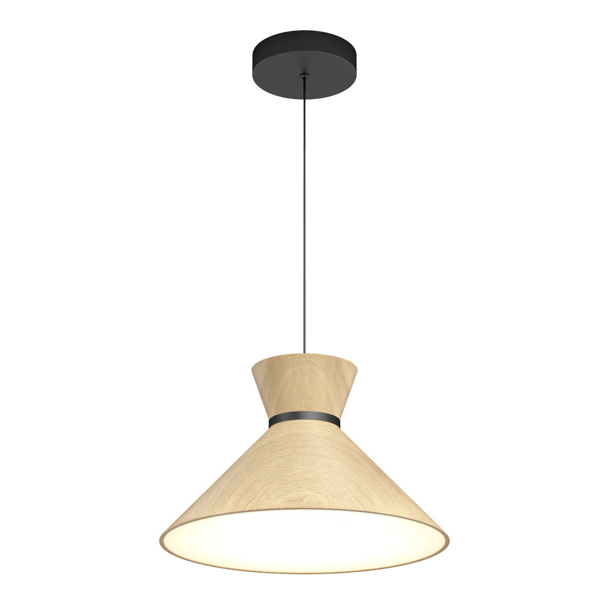 The Artika Inoa LED pendant light features a conical wooden shade, black ceiling mount, and black cord, emitting a soft glow from the wide bottom opening. It offers 5 CCT options for customizable lighting.