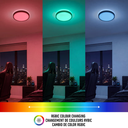 The Artika Isara 12″ RGBIC LED Flush Mount displays red, green, and blue in a modern apartment, shown in three vertical panels.