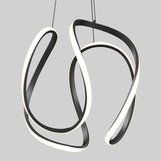 The Artika Vivaldi Big LED pendant light 5 CCT features black curved bands with glowing white LEDs, suspended by thin wires against a light grey background for a modern, abstract look.