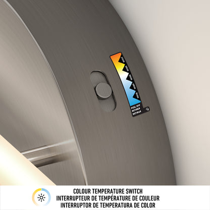 Close-up of the Artika Cisco modern LED bathroom vanity light 5 CCT, showing a brushed metal finish and adjustable colour temperature switch (warm to cool). Trilingual label reads Colour Temperature Switch—ideal for bathroom lighting.