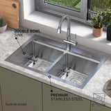 A modern kitchen features a double bowl stainless steel sink under a window, with text highlighting Double Bowl Sink and Premium Stainless Steel. A note states, Faucet not included.