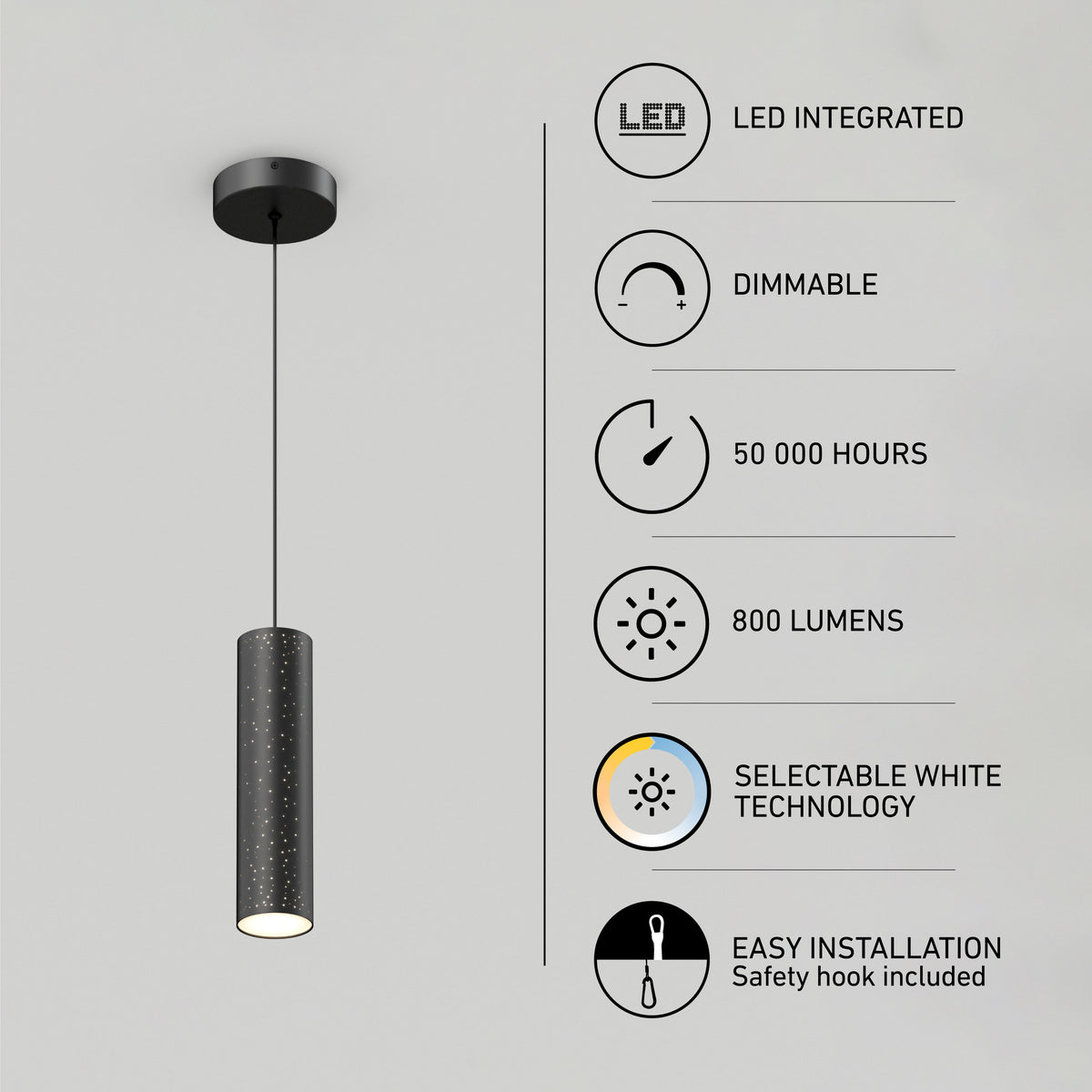 A black cylindrical pendant light hangs from the ceiling. Feature icons beside it indicate: LED integrated, dimmable, 50,000 hours lifespan, 800 lumens, selectable white technology, and easy installation with safety hook.