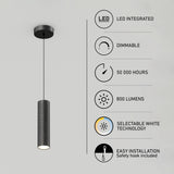 A black cylindrical pendant light hangs from the ceiling. Feature icons beside it indicate: LED integrated, dimmable, 50,000 hours lifespan, 800 lumens, selectable white technology, and easy installation with safety hook.