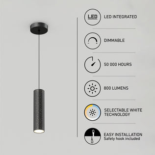The Artika Cosmic modern LED pendant light 3 CCT is a black cylindrical fixture with integrated LED, dimmable settings, selectable white technology, 50,000-hour lifespan, 800 lumens output, and easy installation.