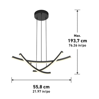 The Artika Orly modern LED pendant light 5 CCT features three curved black bars, a round ceiling mount, a max hanging length of 193.7 cm (76.26 in), and width of 55.8 cm (21.97 in).