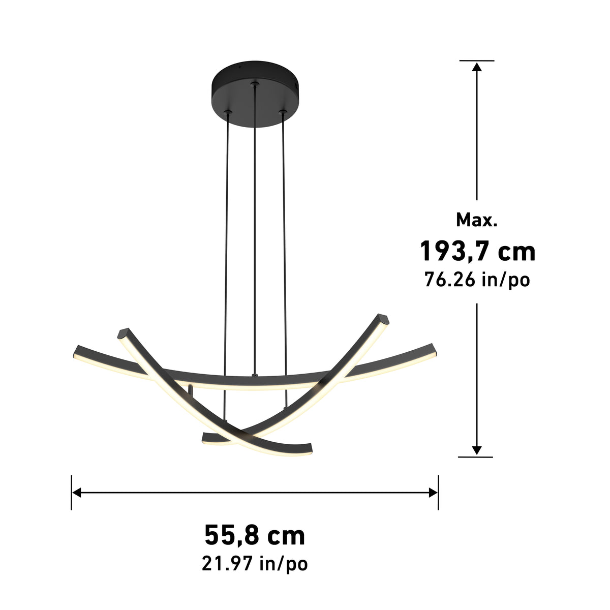 Modern black LED pendant light with four curved bars, suspended by cords from a round ceiling mount. Maximum height is 193.7 cm (76.26 in), width is 55.8 cm (21.97 in). Dimensions are shown with arrows.