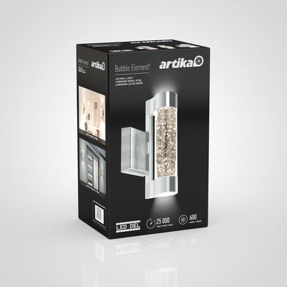 A black Artika Bubble Element LED indoor-outdoor light box displays the light with sparkling bubbles inside, plus icons for 25,000 hours lifespan, 8 watts, and 600 lumens.