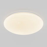 A round, white ceiling light fixture with a smooth surface and tiny, star-like specks, softly glowing against a plain light gray ceiling.