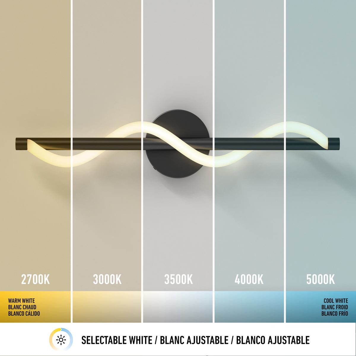 A modern wall light with a wavy design is shown emitting different white color temperatures, ranging from warm (2700K) on the left to cool (5000K) on the right, with labels and a selectable white light icon below.
