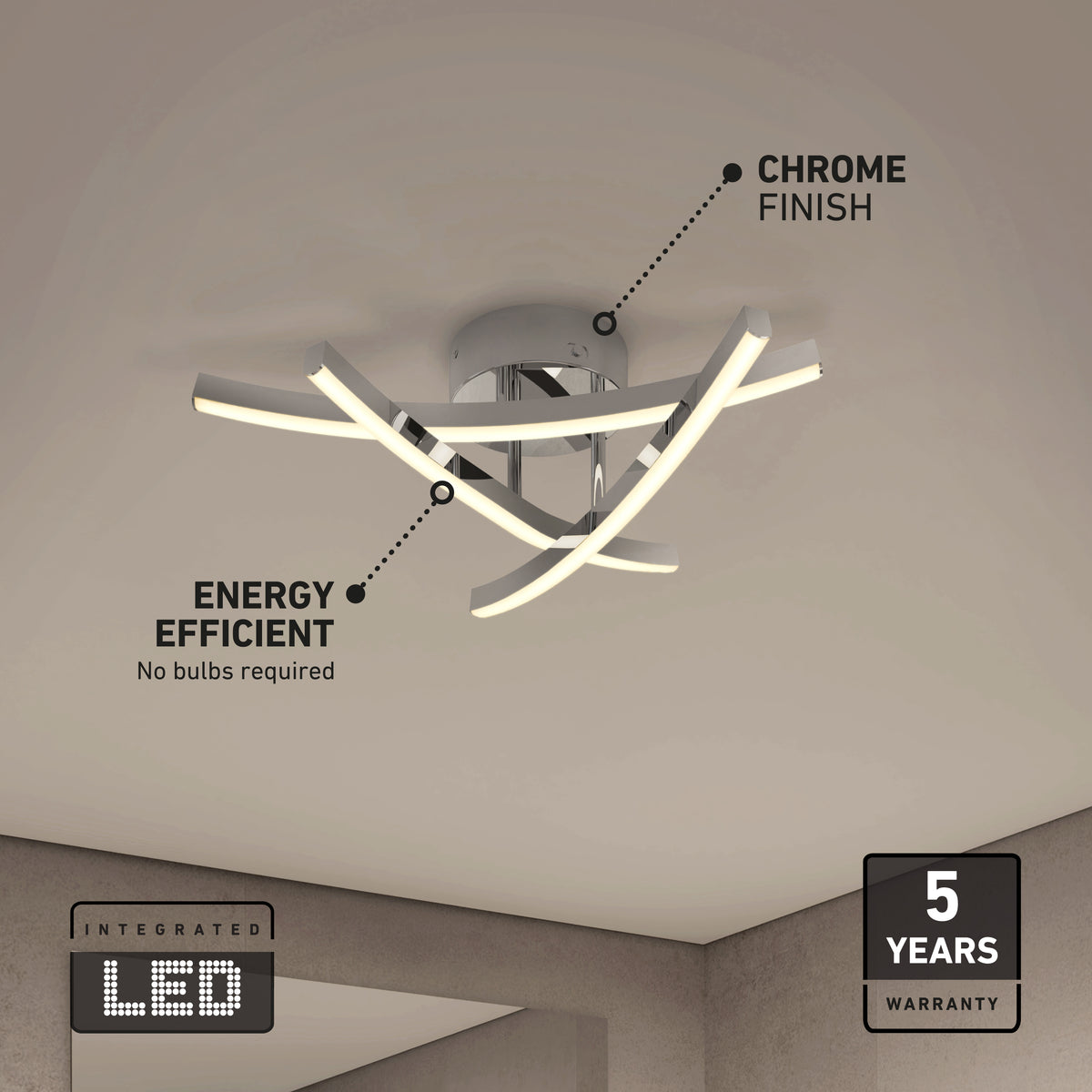 Modern ceiling light fixture with curved LED bars and chrome finish, mounted on a white ceiling. Text highlights its energy efficiency, integrated LED, chrome finish, and 5-year warranty.