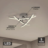 Modern ceiling light fixture with curved LED bars and chrome finish, mounted on a white ceiling. Text highlights its energy efficiency, integrated LED, chrome finish, and 5-year warranty.