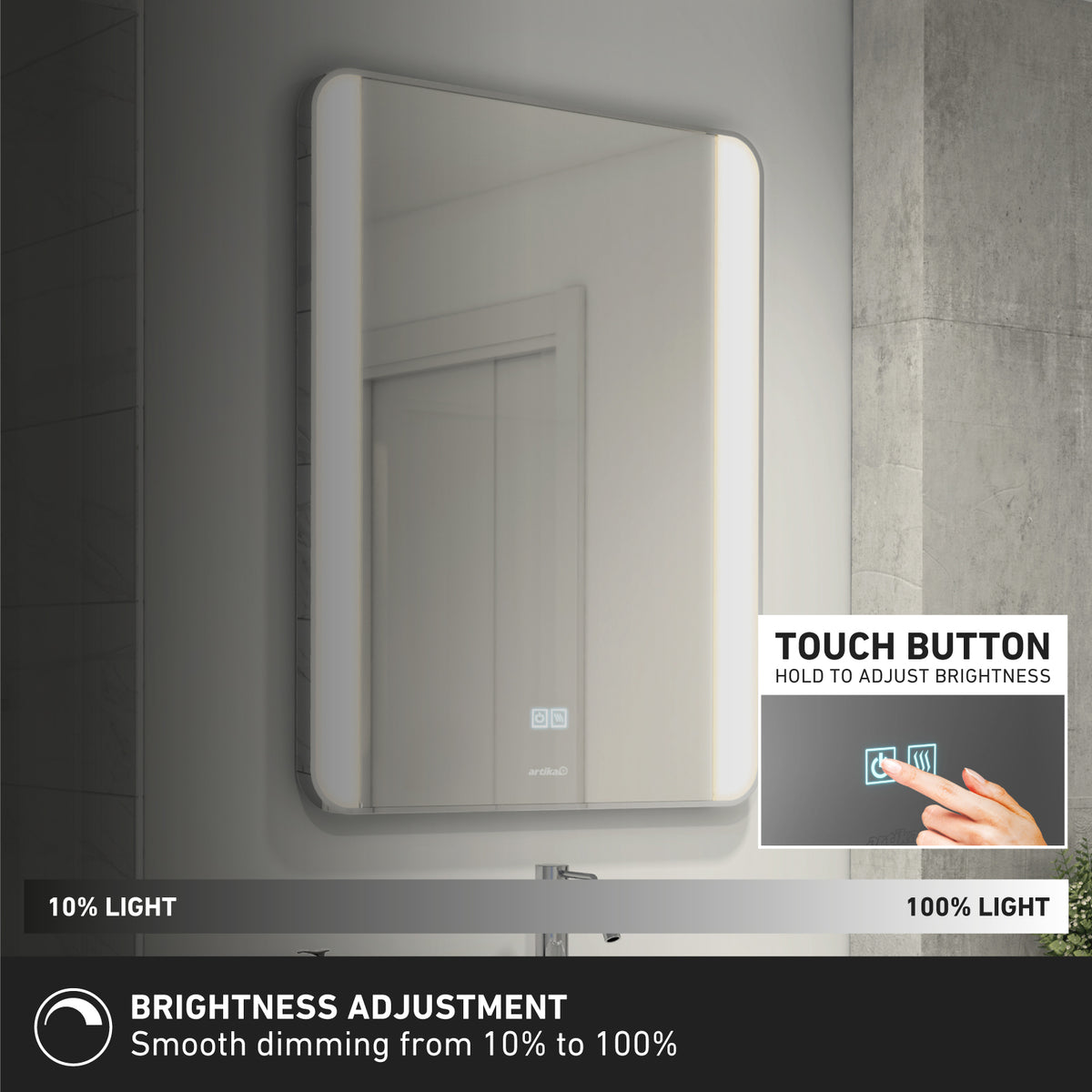 The Artika Onyx dimmable LED mirror 3 CCT features touch button controls for smooth brightness adjustment from 10% to 100%. An inset image displays a finger pressing the touch button on this stylish rectangular bathroom mirror.