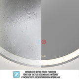 A round mirror is shown split in half: one side foggy with water droplets, the other side clear, demonstrating a touch-activated defog feature. Below, text in three languages describes the integrated defog touch function.