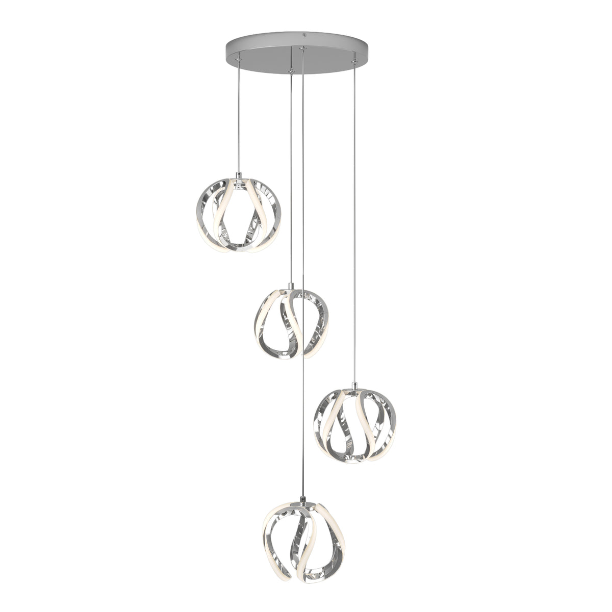 Modern pendant light fixture with four intertwined circular LED lights, each hanging at different heights from a round, silver ceiling plate by thin cords. The design is sleek and contemporary.