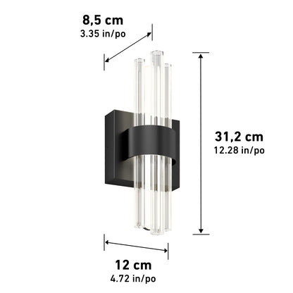 The Artika Dorado LED contemporary wall sconce features a rectangular black base with vertical glass rods and measures 31.2 cm (12.3 in) tall, 12 cm (4.7 in) wide, and 8.5 cm (3.3 in) deep; dimensions labeled in both units.