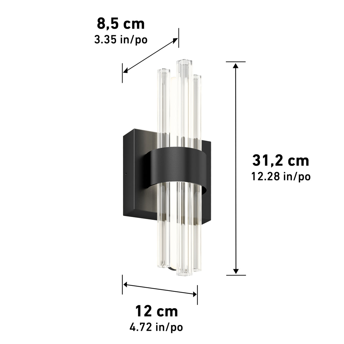 Modern wall sconce light fixture with a black rectangular base and four vertical glass rods. Dimensions are shown: 31.2 cm tall, 12 cm wide, and 8.5 cm deep, with both metric and imperial units.