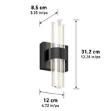 Modern wall sconce light fixture with a black rectangular base and four vertical glass rods. Dimensions are shown: 31.2 cm tall, 12 cm wide, and 8.5 cm deep, with both metric and imperial units.