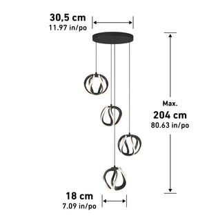 Artika’s Vivaldi LED 4-light pendant, modern black design, shown with dimensions and max height in cm/inches for easy reference.
