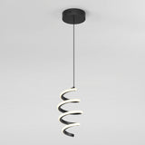 A modern pendant light featuring a black spiral design with integrated LED lighting, hanging from a ceiling mount against a plain white background.