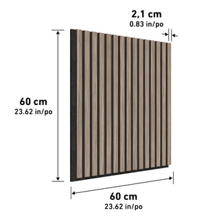 The Artika Sonolok 15.5 ft sound-absorbing wall panel kit features square wood panels with vertical slats, each measuring 60 cm x 60 cm and 2.1 cm thick, with dimensions labeled on the sides and top.