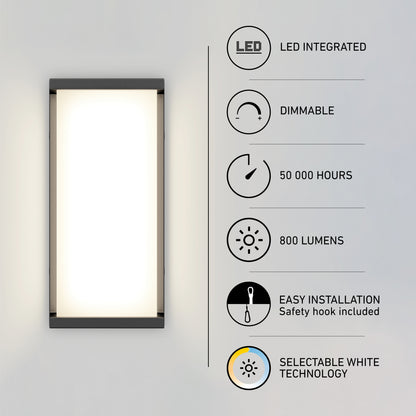 Faro modern LED indoor-outdoor wall light 3 CCT featuring 800 lumens, dimmable integrated lighting, a 50,000-hour lifespan, and easy installation.