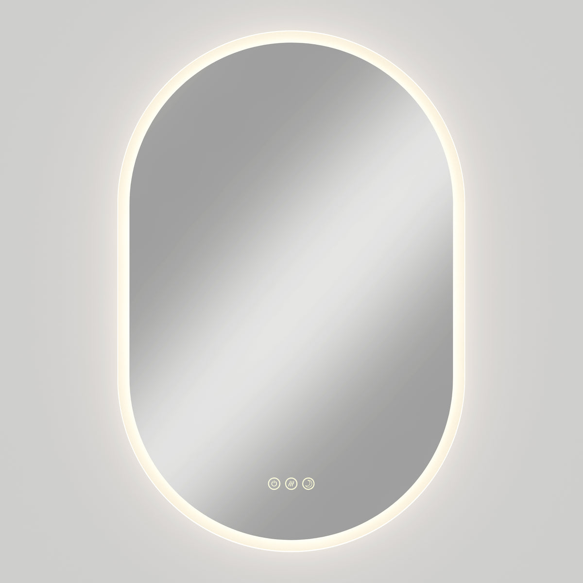 Artika Clara LED Mirror Oval 30x20 in. with defogger, 3CCT, soft backlight, and three touch buttons on a plain light gray wall.