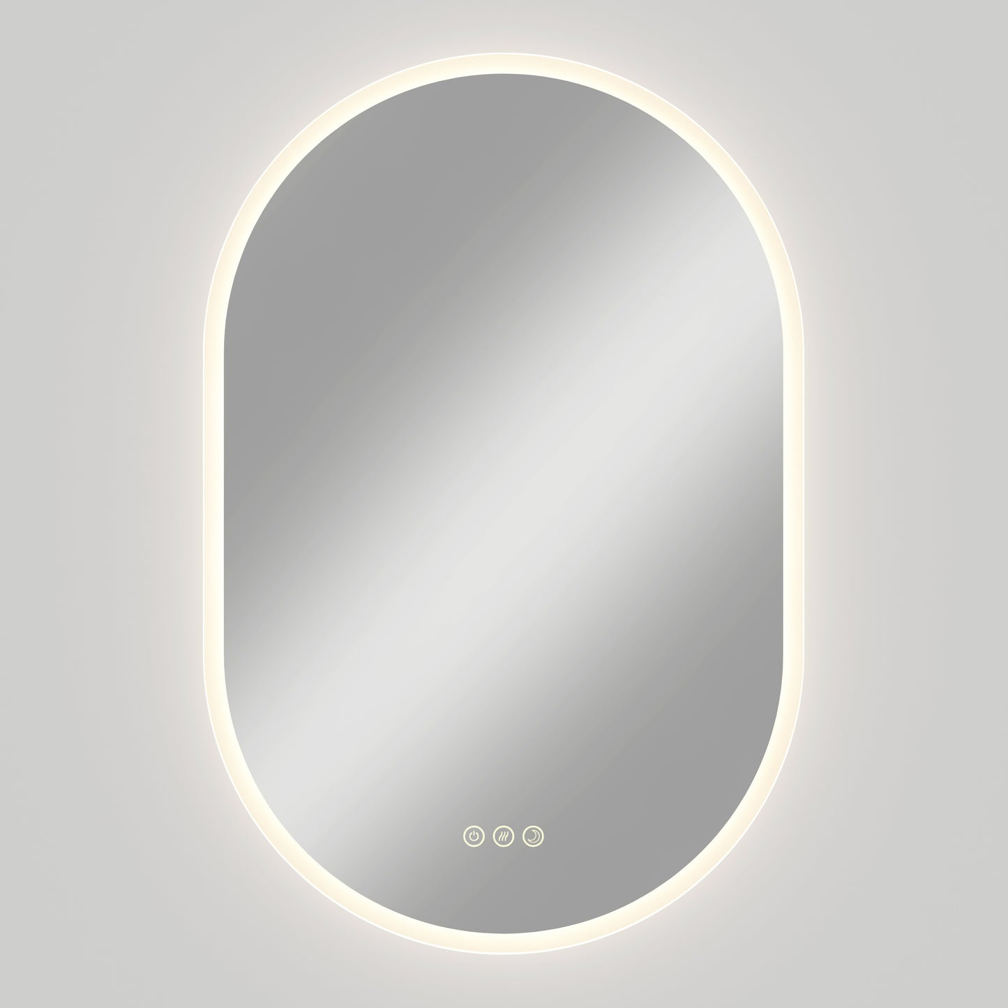 Artika Clara LED Mirror Oval 30x20 in. with defogger, 3CCT, soft backlight, and three touch buttons on a plain light gray wall.