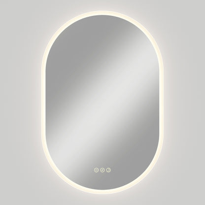 Artika Clara LED Mirror Oval 30x20 in. with defogger, 3CCT, soft backlight, and three touch buttons on a plain light gray wall.