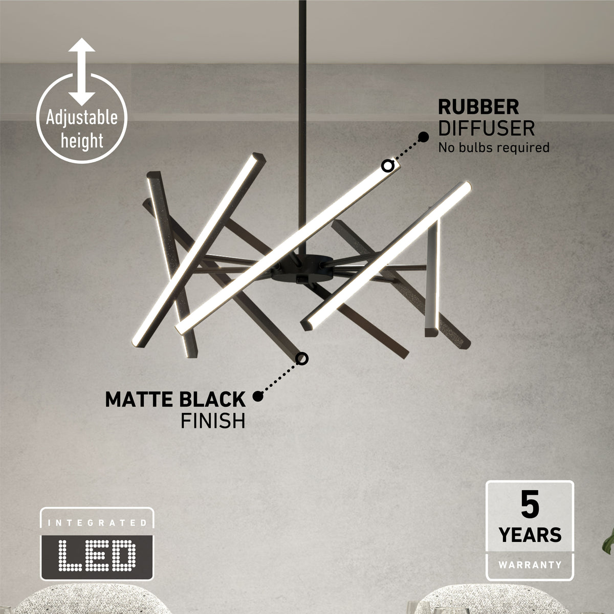 The Artika Malibu LED pendant light 3 CCT features intersecting LED bars, matte black finish, adjustable height, rubber diffuser, integrated LEDs, and a 5-year warranty; shown hanging in a neutral-toned room.