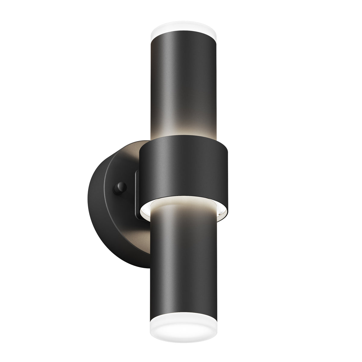 A modern black wall sconce light fixture with two cylindrical lights, one facing up and one facing down, mounted on a round base. The ends of the cylinders have white diffusers.