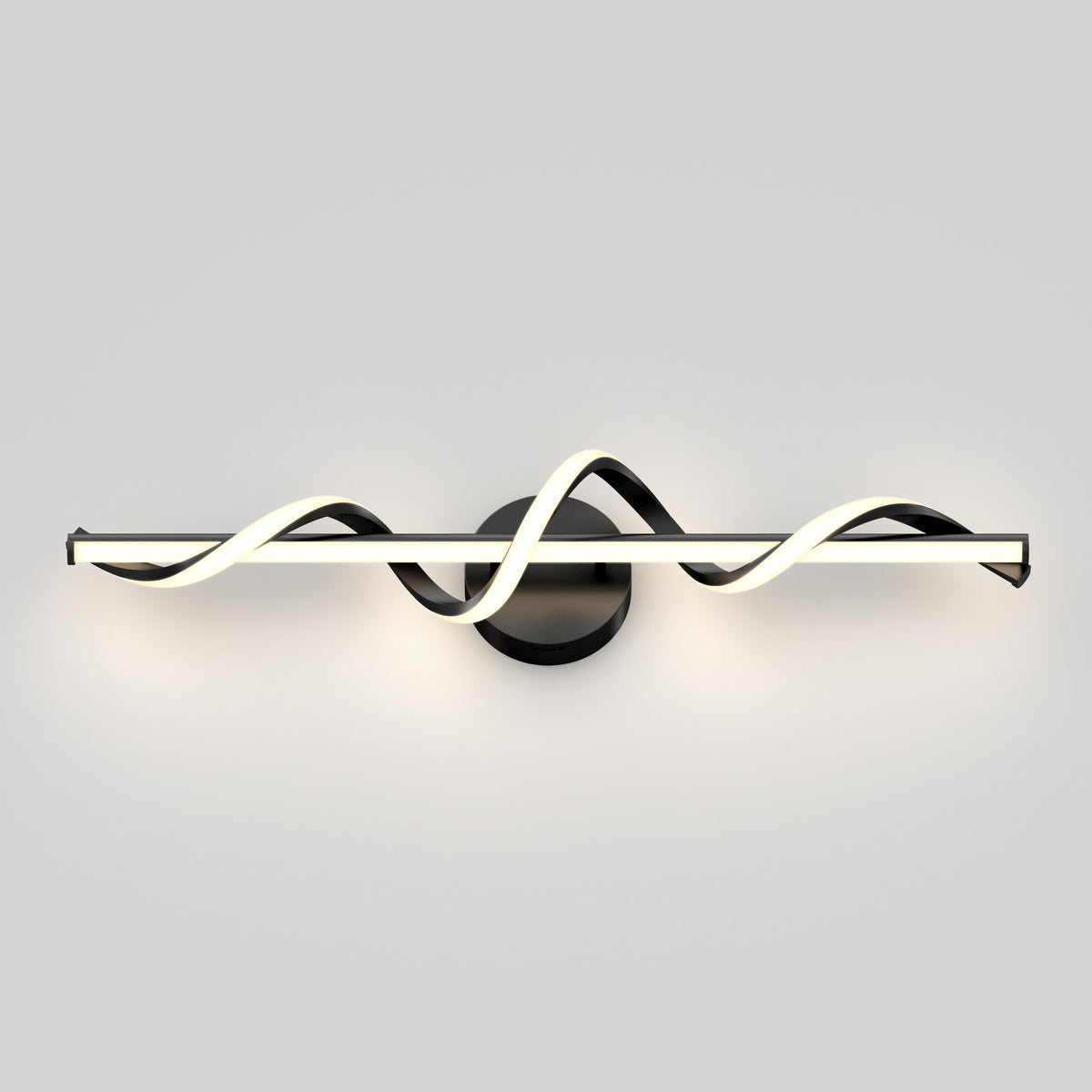 A modern wall-mounted LED light fixture featuring a straight bar intersected by a wavy, illuminated strip, both attached to a central circular base against a light gray background.