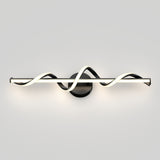 A modern wall-mounted LED light fixture featuring a straight bar intersected by a wavy, illuminated strip, both attached to a central circular base against a light gray background.