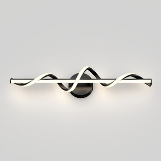 The Artika Coda 27-in Integrated LED 5-CCT Vanity Light Bar features a modern black base and horizontal wave-like design, combining black and white curves—ideal for mounting on a light gray bathroom wall.