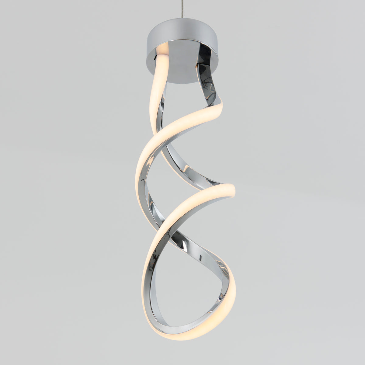 A modern pendant light with a twisted, spiral design combining polished chrome and glowing white LED strips, suspended from a circular ceiling mount against a plain light gray background.