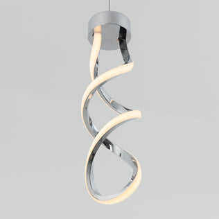 The Artika Mini Swirl LED pendant light features two intertwined chrome and white LED loops, suspended from the ceiling against a plain light gray background.