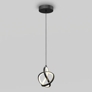 The Artika Zephyr LED pendant features intertwined glowing rings in a sleek black design, suspended from a ceiling mount and showcased against a plain gray background.