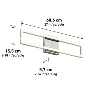 The Artika Dover modern LED bathroom vanity light 5 CCT features a rectangular, open-frame design measuring 68.6 cm (27 in) wide, 15.5 cm (6.10 in) tall, and 5.7 cm (2.24 in) deep.