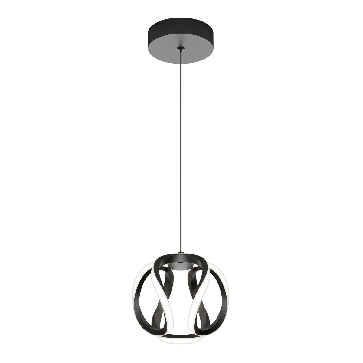 The Vivaldi LED pendant light 3 CCT by Artika features a black ceiling mount, slim black cord, and a sculptural spherical shade with looping black and white LED strips for a modern look.