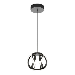 The Vivaldi LED pendant light 3 CCT by Artika features a black ceiling mount, slim black cord, and a sculptural spherical shade with looping black and white LED strips for a modern look.