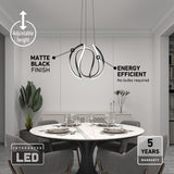 Modern dining room with a round table, six chairs, and a matte black LED pendant light above. The light fixture is labeled as adjustable, energy efficient, and comes with a 5-year warranty.