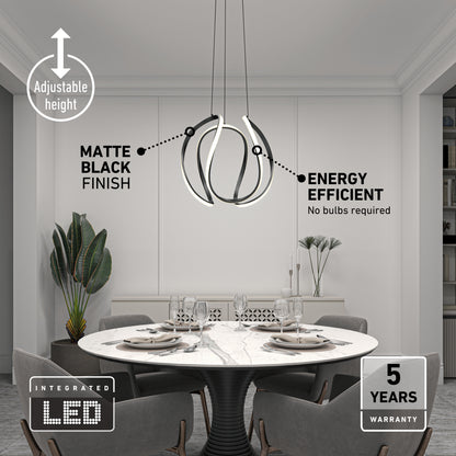 Modern dining room with a round table and four chairs under the Artika Vivaldi Big LED pendant light 5 CCT—featuring adjustable height, energy efficiency, integrated LED, and a 5-year warranty.