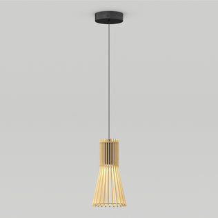 The Artika Kiyo modern LED pendant features a black ceiling mount, slim black cord, and a flared conical shade made of vertical wooden slats. It offers 3 CCT options and emits a warm glow for stylish, customizable lighting.