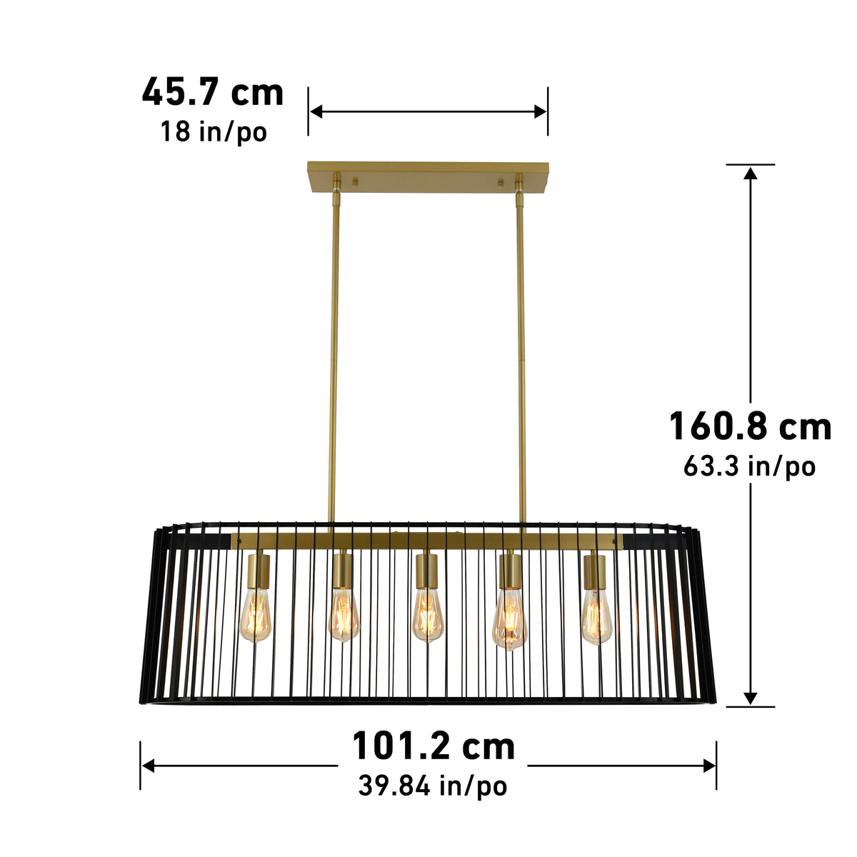 Rectangular black and gold chandelier with five exposed bulbs. Dimensions: 45.7 cm high, 101.2 cm wide, and hangs 160.8 cm from the ceiling. Measurements are also shown in inches.
