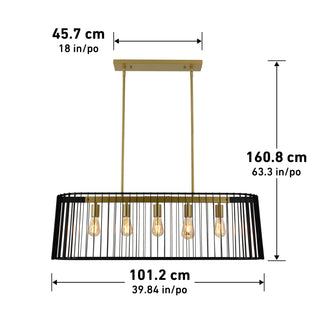 The Artika Gatsby LED pendant light features five exposed bulbs, gold-accented rods, and a black metal cage. Sleek and modern, it measures 45.7 cm high x 101.2 cm wide with a hanging length of 160.8 cm.