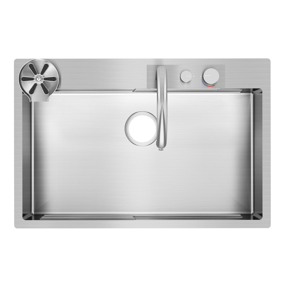 Top-down view of a modern stainless steel kitchen sink with a single basin, a circular drain, a curved faucet, and two control knobs on the right side. A removable drain strainer is on the upper left corner.