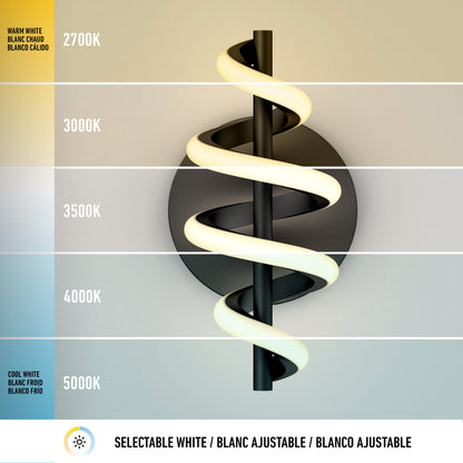 The Chorus LED Wall Light by Artika showcases selectable white tones from warm 2700K at the top to cool 5000K at the bottom, with a gradient background highlighting its adjustable color temperature range.