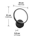 A modern circular wall light with a black base and frame is shown. Dimensions are labeled: 31 cm tall, 25 cm wide, and the base depth is 5.5 cm. Measurements are also given in inches.