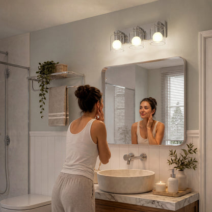 A woman looks into a mirror illuminated by an Artika Aryna 20 in. (51 cm) 3-Light LED Wall Vanity 3000K.