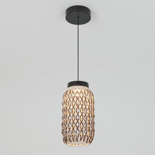 The Artika Benson Mini LED Pendant Light 5 CCT features a cylindrical woven rattan shade hanging from a black cord and ceiling mount, with adjustable color temperature, shown against a plain light gray background.